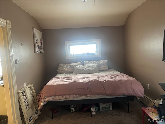 carpeted bedroom featuring lofted ceiling