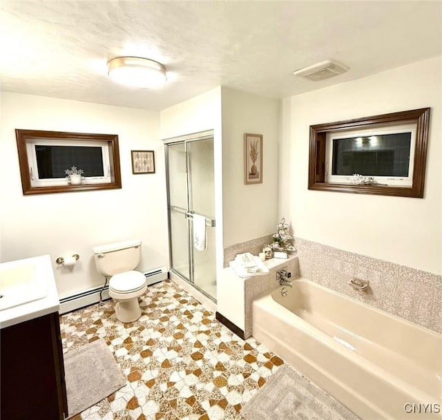 full bathroom featuring plus walk in shower, vanity, toilet, and a baseboard heating unit