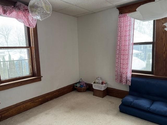 unfurnished room with carpet, baseboards, and a drop ceiling