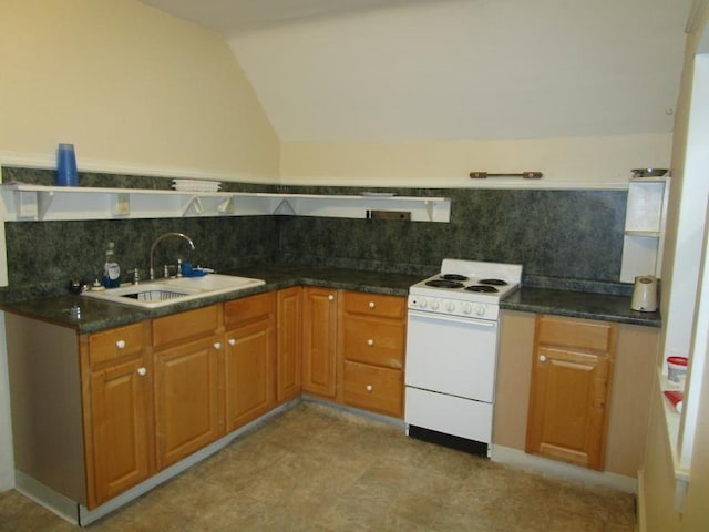 kitchen with dark countertops, white electric range, lofted ceiling, and a sink