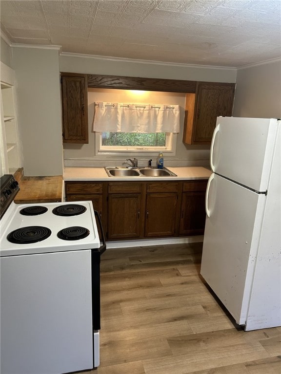 kitchen featuring white appliances, light countertops, light wood-style floors, and a sink