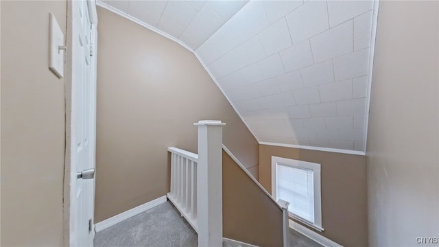 stairs featuring carpet, lofted ceiling, and ornamental molding