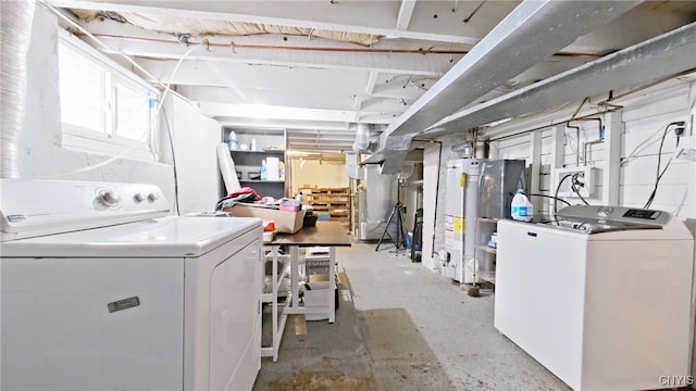 laundry area with washing machine and dryer, water heater, and heating unit