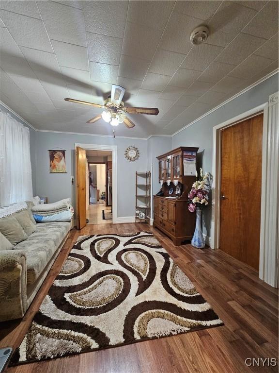 living room with ceiling fan, wood-type flooring, and ornamental molding