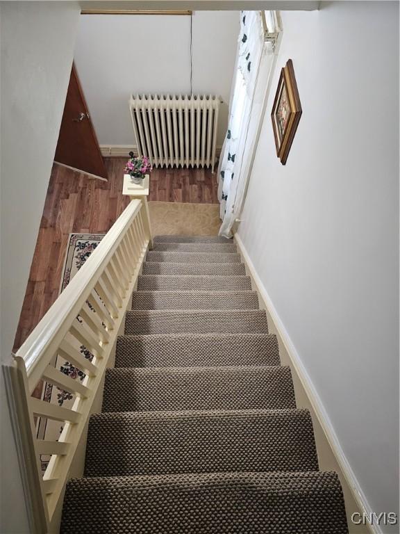 staircase featuring hardwood / wood-style floors and radiator