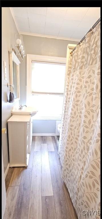 full bathroom with ornamental molding, vanity, and hardwood / wood-style flooring