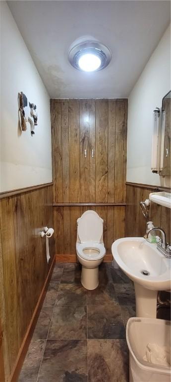 bathroom with sink, toilet, and wood walls