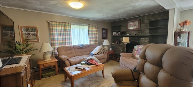 living room with built in shelves, crown molding, and a brick fireplace