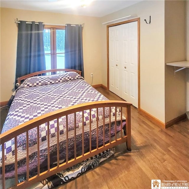 bedroom with wood-type flooring and a closet