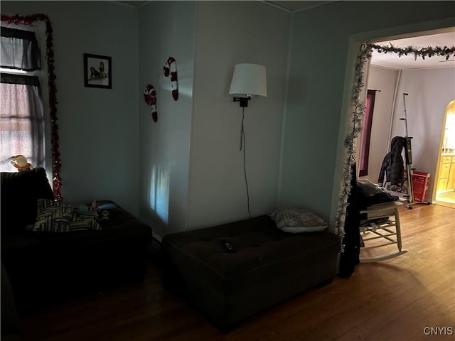 interior space featuring wood-type flooring and crown molding