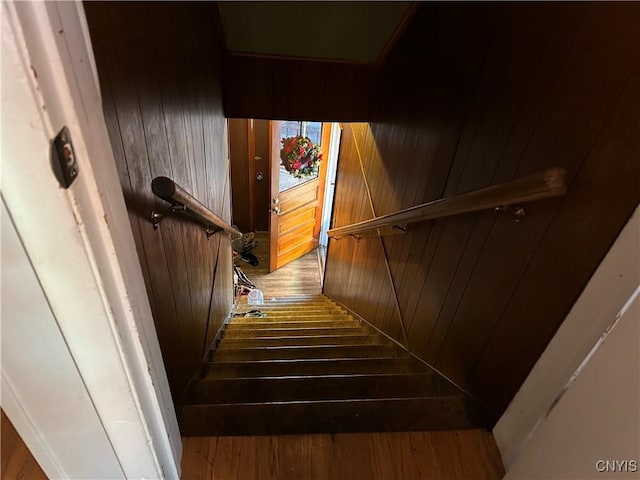 stairs featuring wood-type flooring and wooden walls