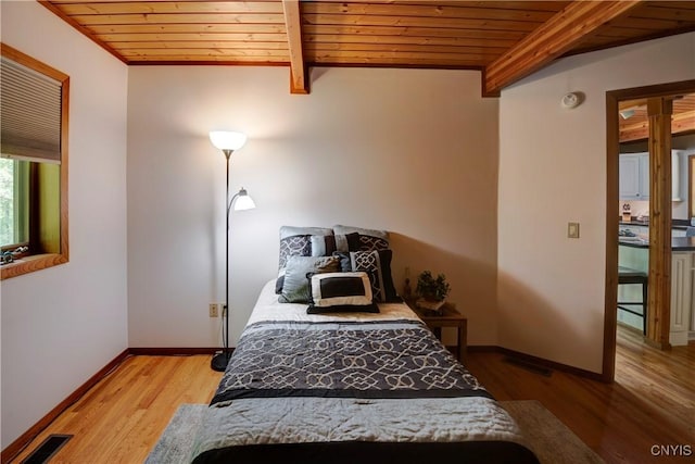 bedroom featuring hardwood / wood-style flooring, wood ceiling, and beamed ceiling