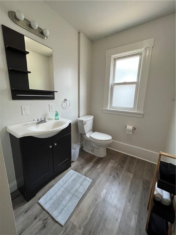 bathroom with vanity, toilet, and wood-type flooring