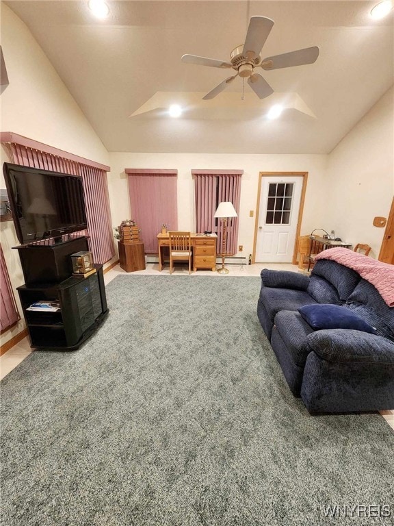 living room featuring carpet flooring, a baseboard heating unit, ceiling fan, and lofted ceiling