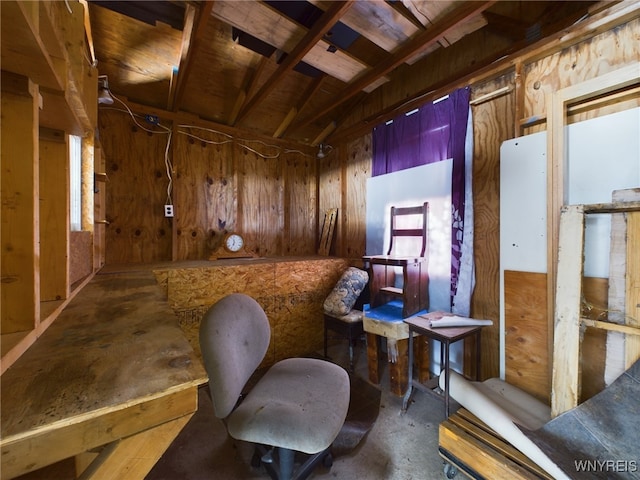 miscellaneous room featuring lofted ceiling and wooden walls