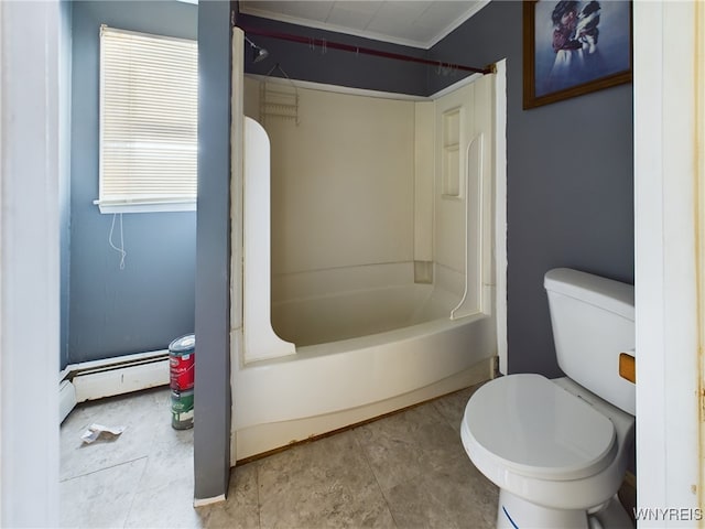 bathroom with a baseboard heating unit, shower / washtub combination, and toilet