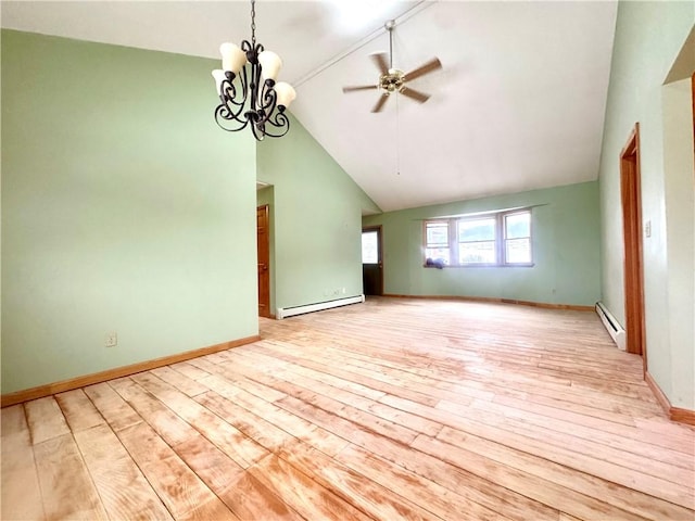 unfurnished living room featuring light wood-type flooring, a baseboard radiator, and high vaulted ceiling