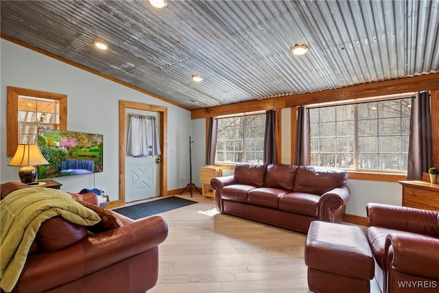 living room with lofted ceiling, wood finished floors, recessed lighting, baseboards, and wood ceiling