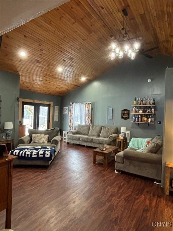 living room with wooden ceiling, dark hardwood / wood-style floors, and lofted ceiling