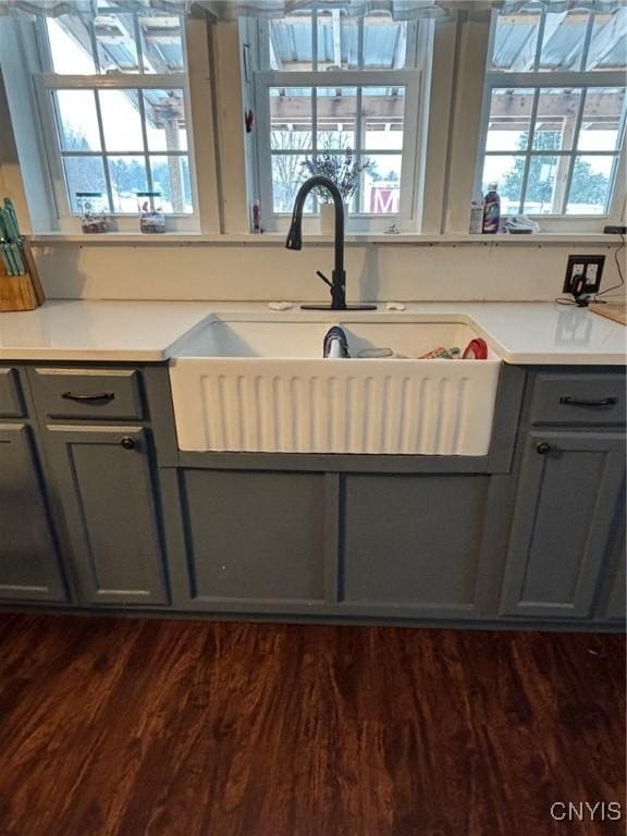 kitchen featuring gray cabinetry, sink, and dark wood-type flooring