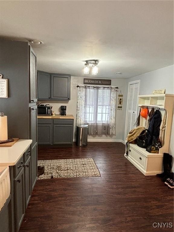 interior space with dark hardwood / wood-style floors and gray cabinets