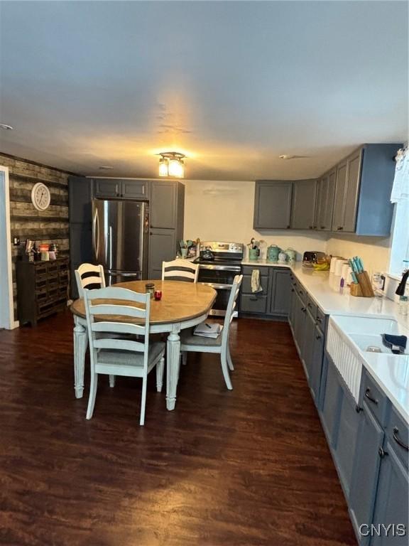 dining space with wood walls, sink, and dark hardwood / wood-style floors