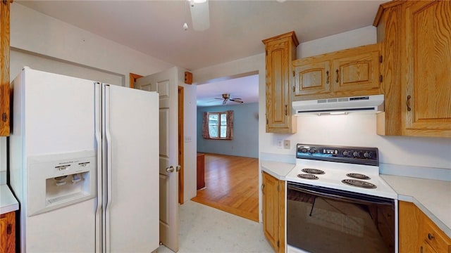 kitchen featuring light wood-type flooring, white appliances, and ceiling fan