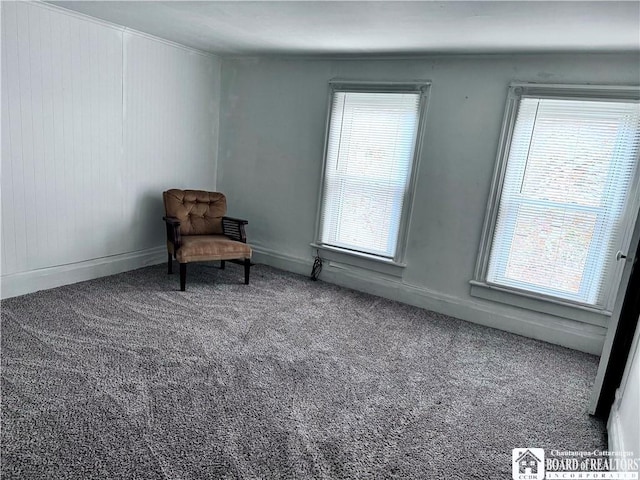 sitting room with a wealth of natural light and carpet