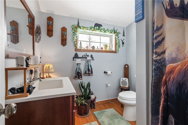 bathroom featuring baseboards, toilet, wood finished floors, curtained shower, and vanity