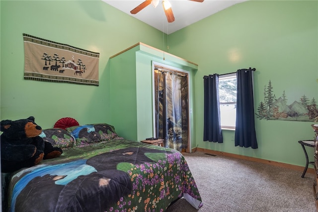 bedroom featuring a ceiling fan, carpet, visible vents, and baseboards