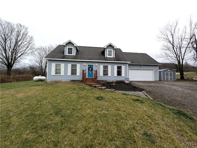 new england style home with a storage shed and a front lawn