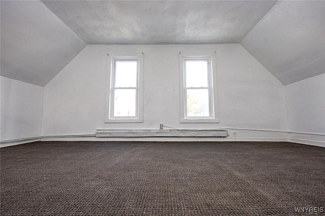 bonus room with lofted ceiling and carpet floors