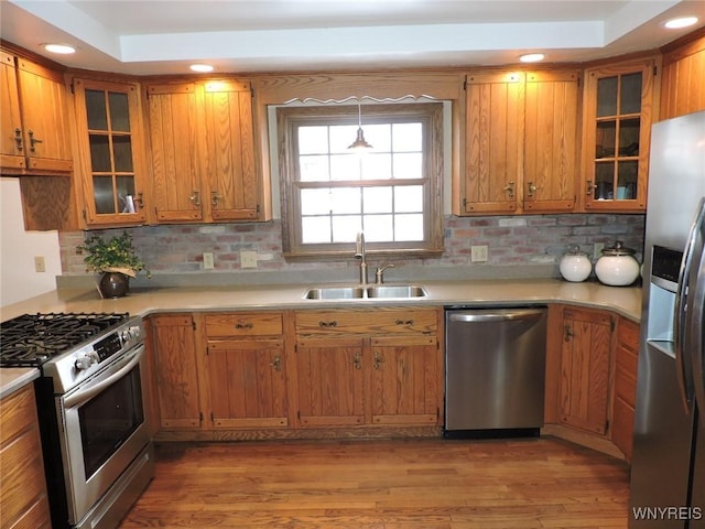 kitchen featuring decorative backsplash, light hardwood / wood-style floors, sink, and stainless steel appliances