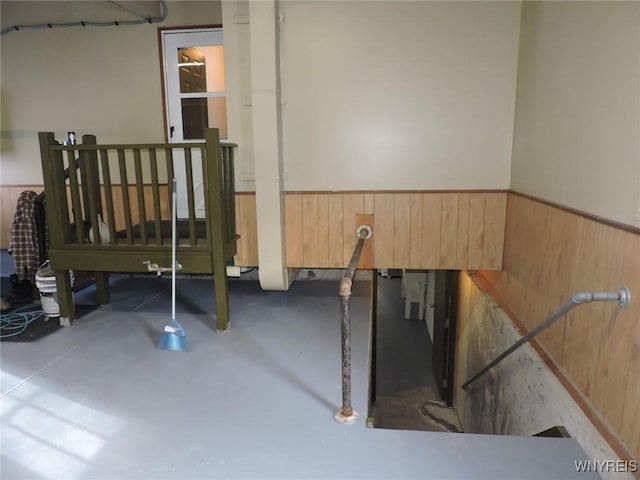 basement with wood walls