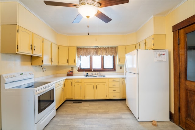 kitchen with crown molding, sink, ceiling fan, and white appliances