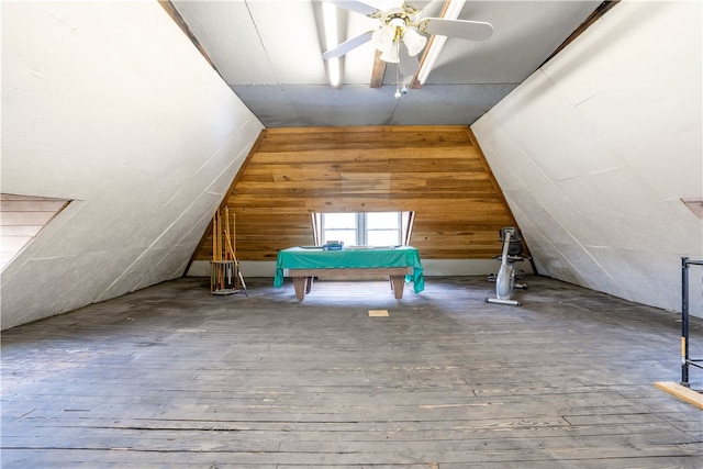 bonus room featuring ceiling fan, vaulted ceiling, and hardwood / wood-style flooring