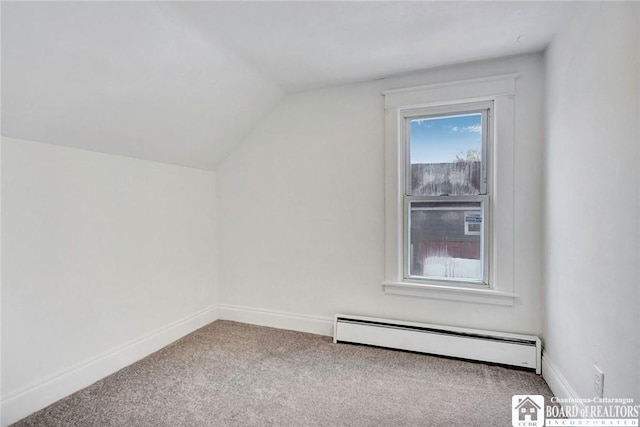 bonus room with carpet floors, baseboard heating, and lofted ceiling