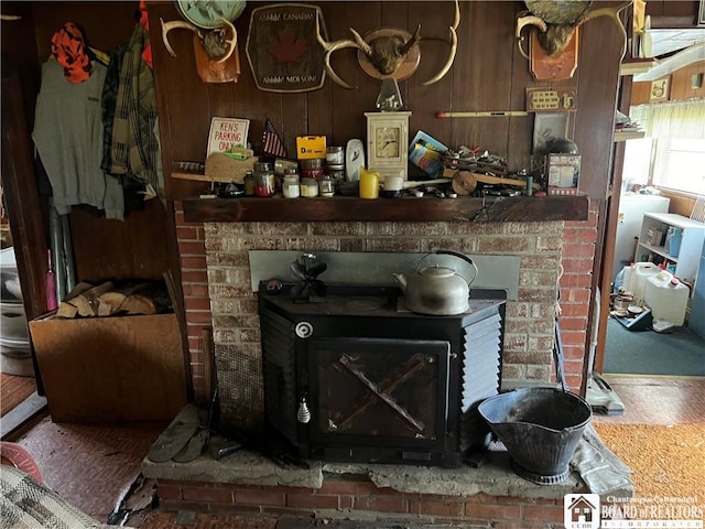 room details featuring a wood stove