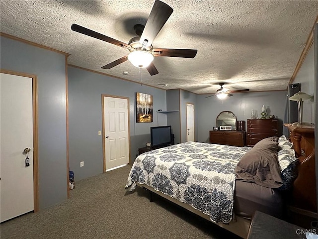 bedroom featuring carpet flooring, ceiling fan, crown molding, and a textured ceiling