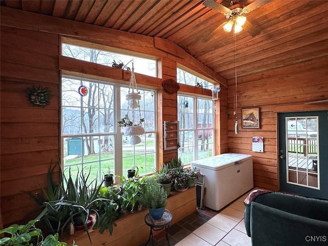 sunroom / solarium with ceiling fan, wood ceiling, and vaulted ceiling