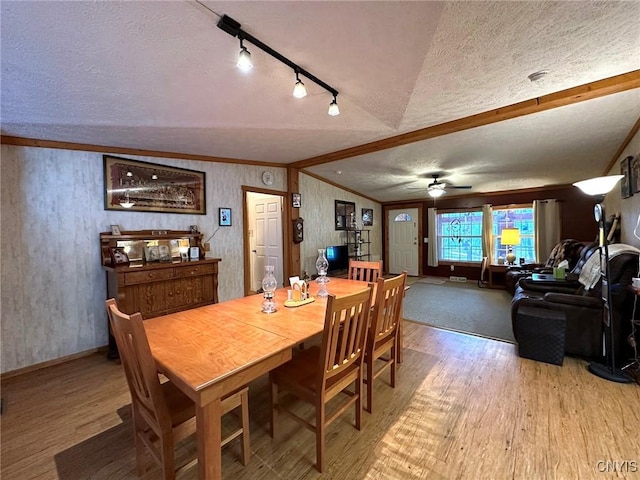 dining space featuring ceiling fan, light hardwood / wood-style floors, a textured ceiling, and vaulted ceiling