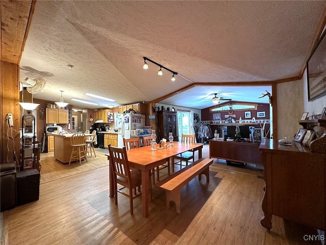 dining room with light hardwood / wood-style floors, a textured ceiling, and vaulted ceiling