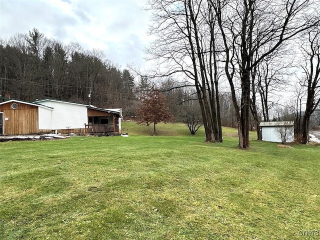 view of yard with a wooden deck and a shed