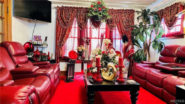 carpeted living room with ornamental molding