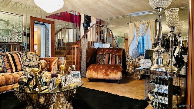 interior space with carpet, a textured ceiling, and a notable chandelier