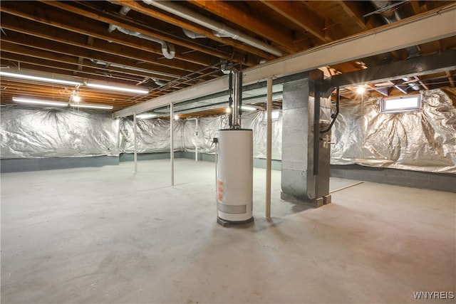 basement with heating unit and water heater