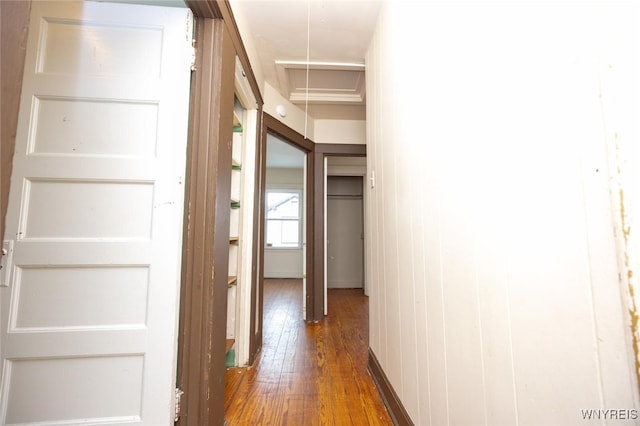 hallway with dark hardwood / wood-style floors