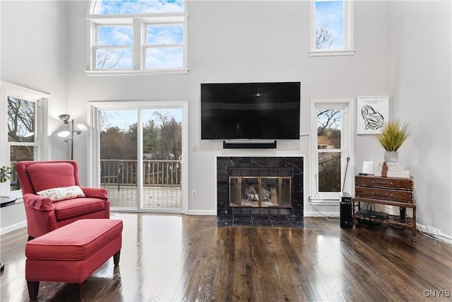 living room with a fireplace, dark wood-type flooring, and a high ceiling