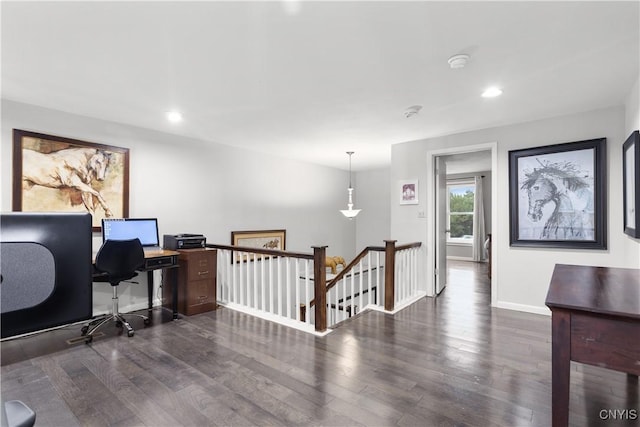 home office featuring dark hardwood / wood-style flooring