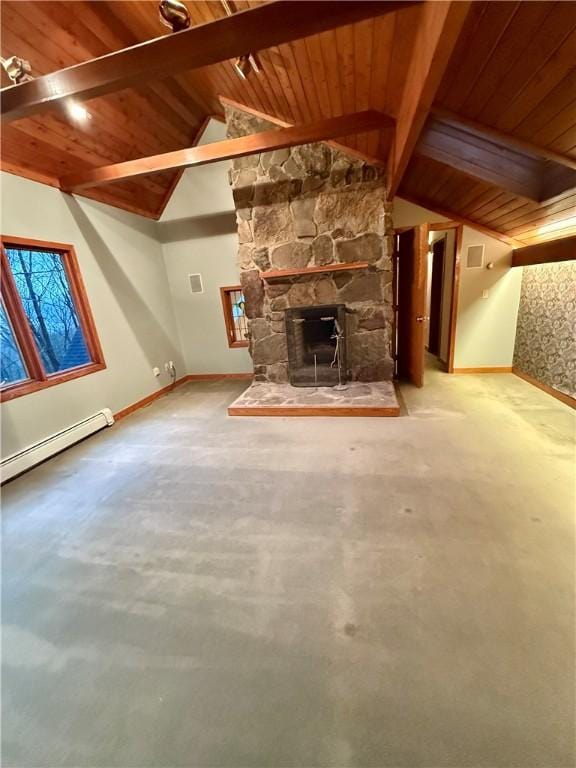 unfurnished living room featuring lofted ceiling with beams, a fireplace, and wood ceiling